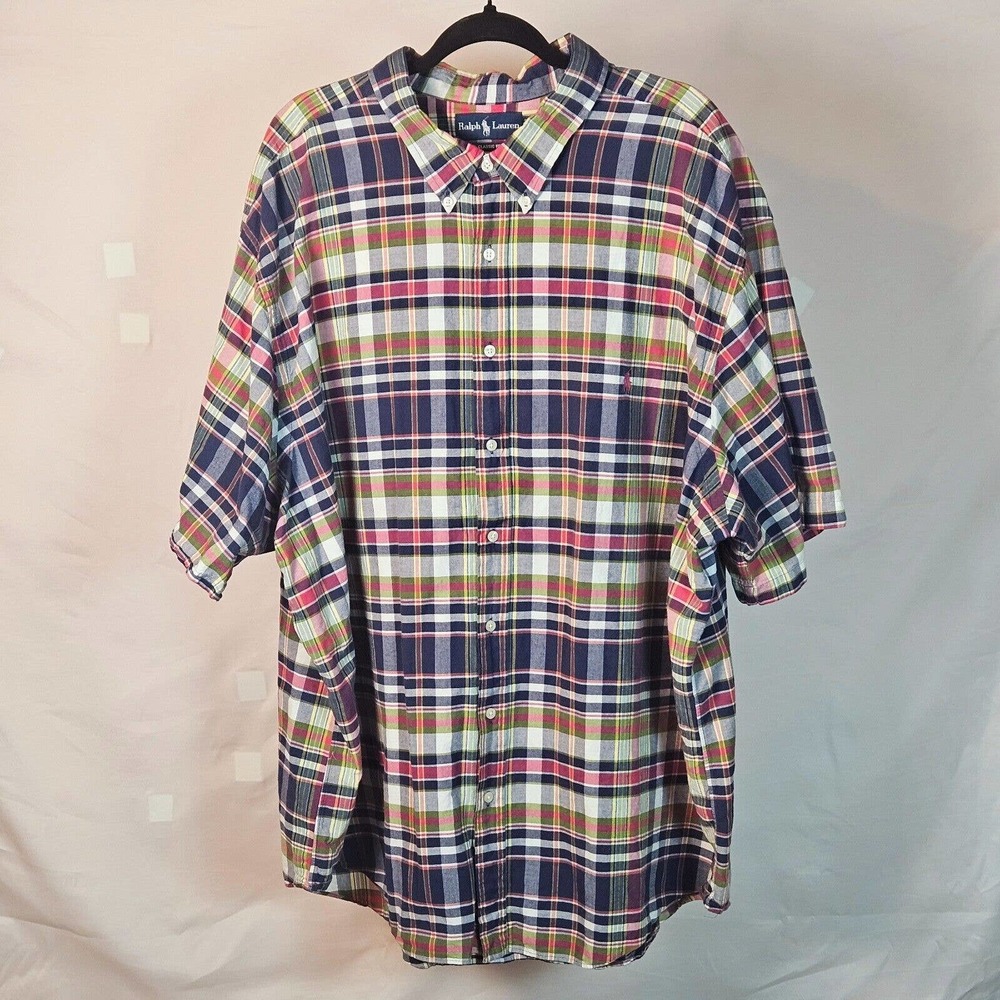 Ralph Lauren Men Button Down 4XL Short Sleeve Blue Pink Green Plaid Classic Fit